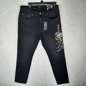 Ed Hardy Men’s Jeans Denim Black Embroidered Skull Snake Panther 32 x 31